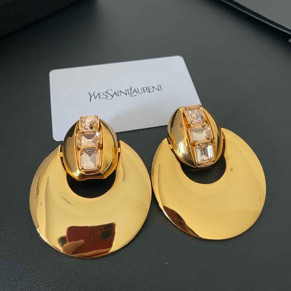YSL POLISHED GOLD PINK CRYSTAL CRESCENT STATEMENT EARRINGS