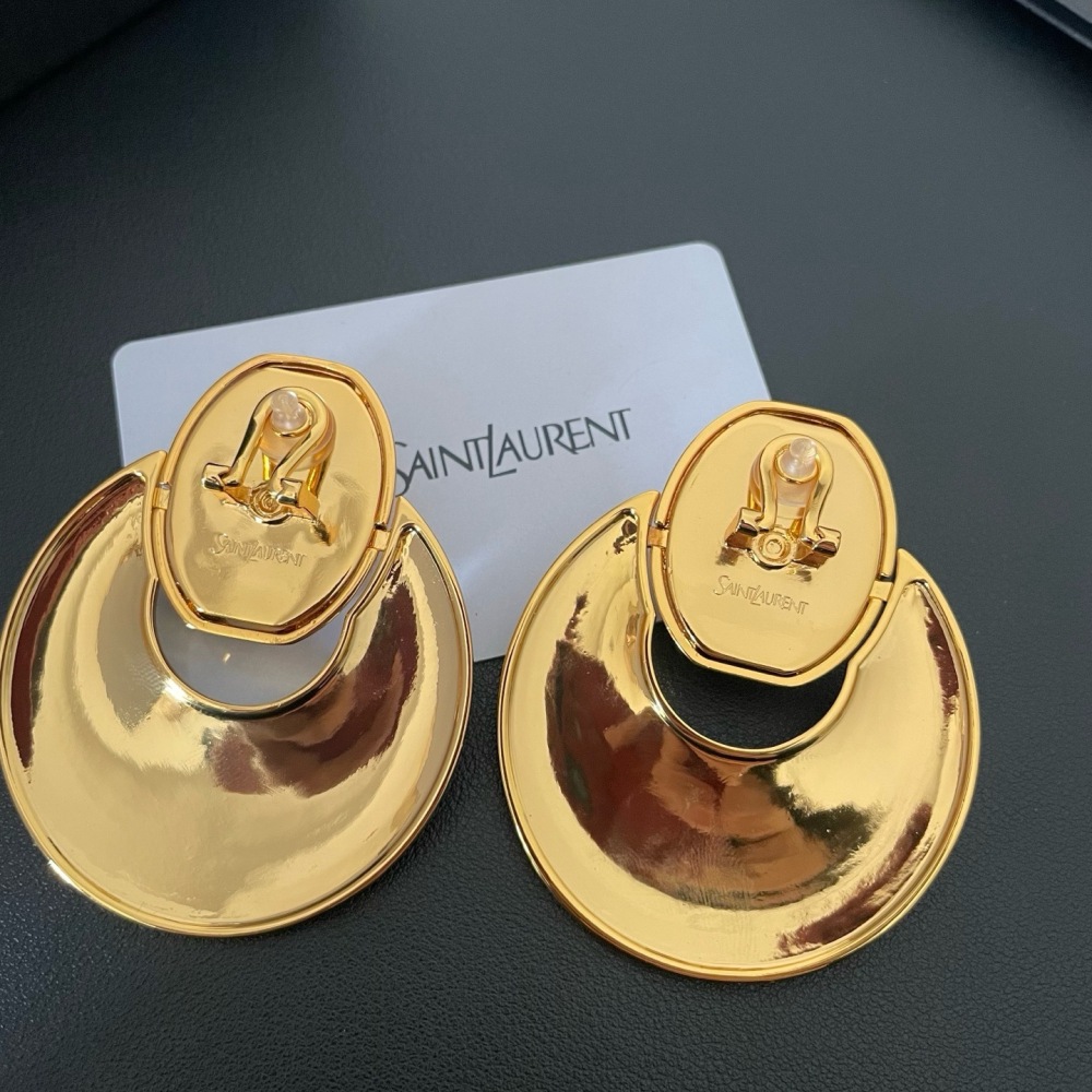 YSL POLISHED GOLD PINK CRYSTAL CRESCENT STATEMENT EARRINGS