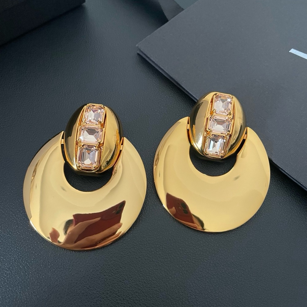 YSL POLISHED GOLD PINK CRYSTAL CRESCENT STATEMENT EARRINGS