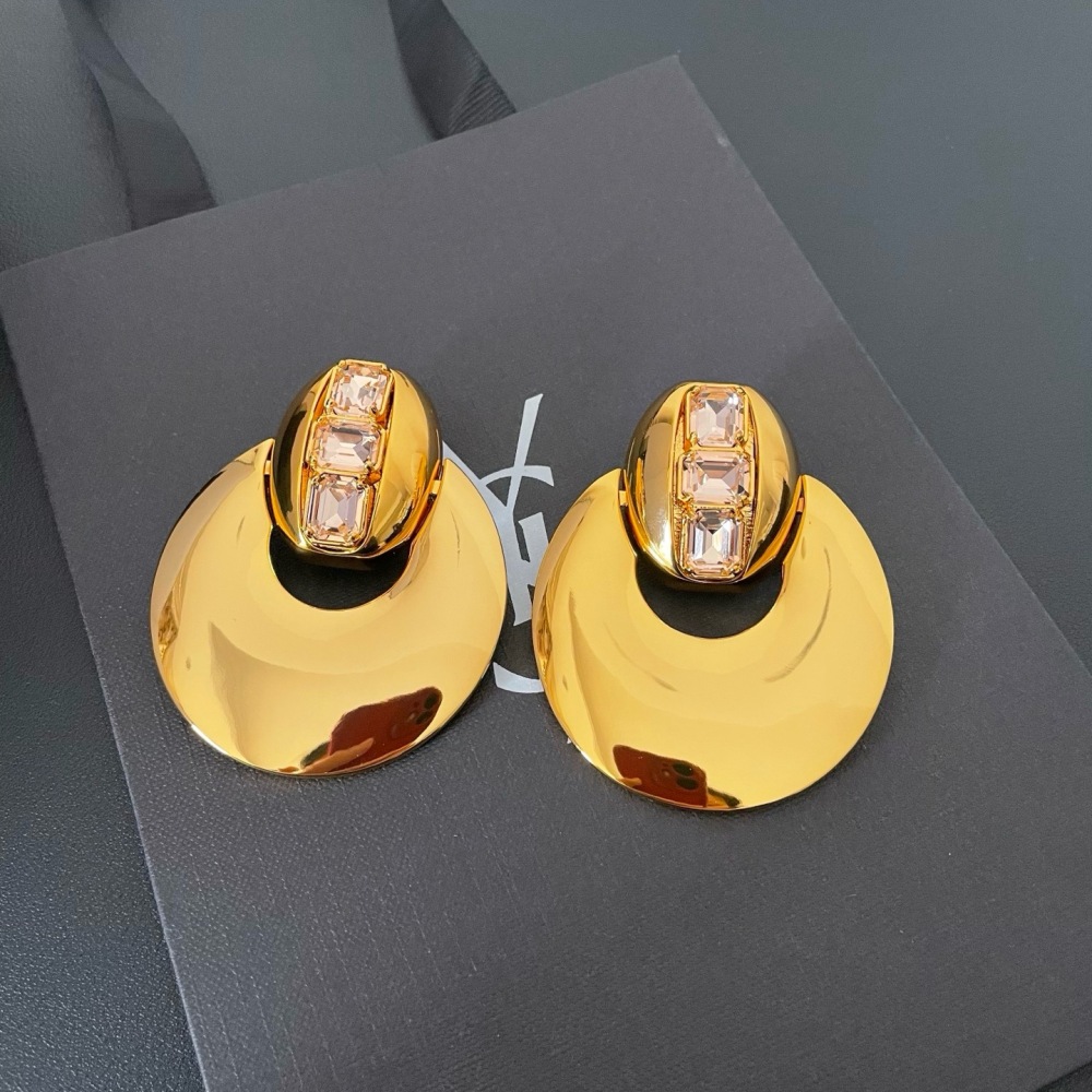 YSL POLISHED GOLD PINK CRYSTAL CRESCENT STATEMENT EARRINGS