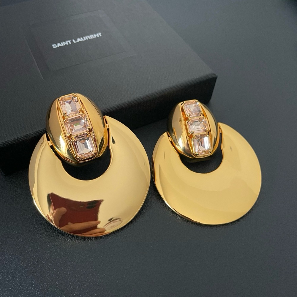 YSL POLISHED GOLD PINK CRYSTAL CRESCENT STATEMENT EARRINGS