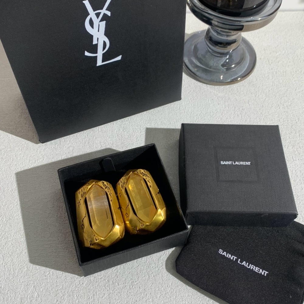 YSL GOLD OCTAGON CLEAR CRYSTAL DUAL USE CLIP ON EARRINGS