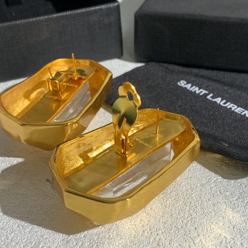 YSL GOLD OCTAGON CLEAR CRYSTAL DUAL USE CLIP ON EARRINGS