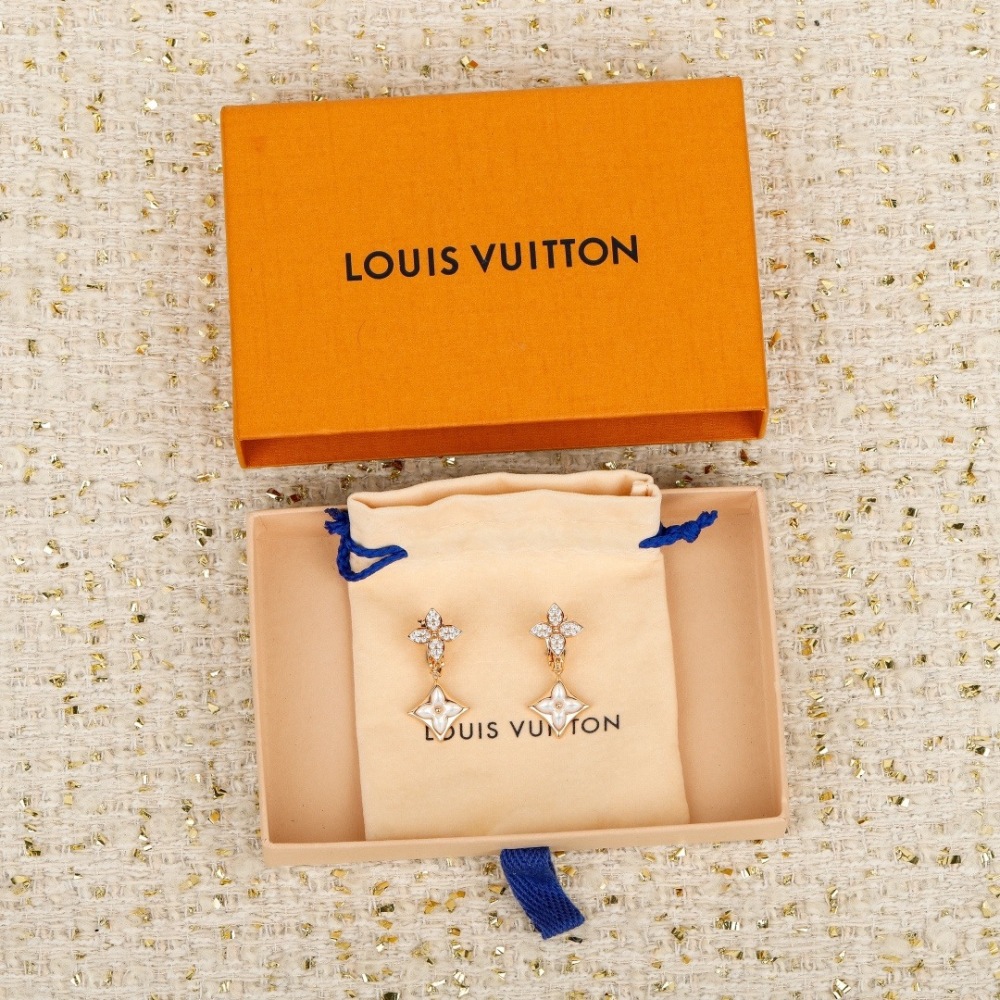 LV ROSE GOLD CRYSTAL FLOWER MOTHER-OF-PEARL CLIP ON DROP EARRINGS