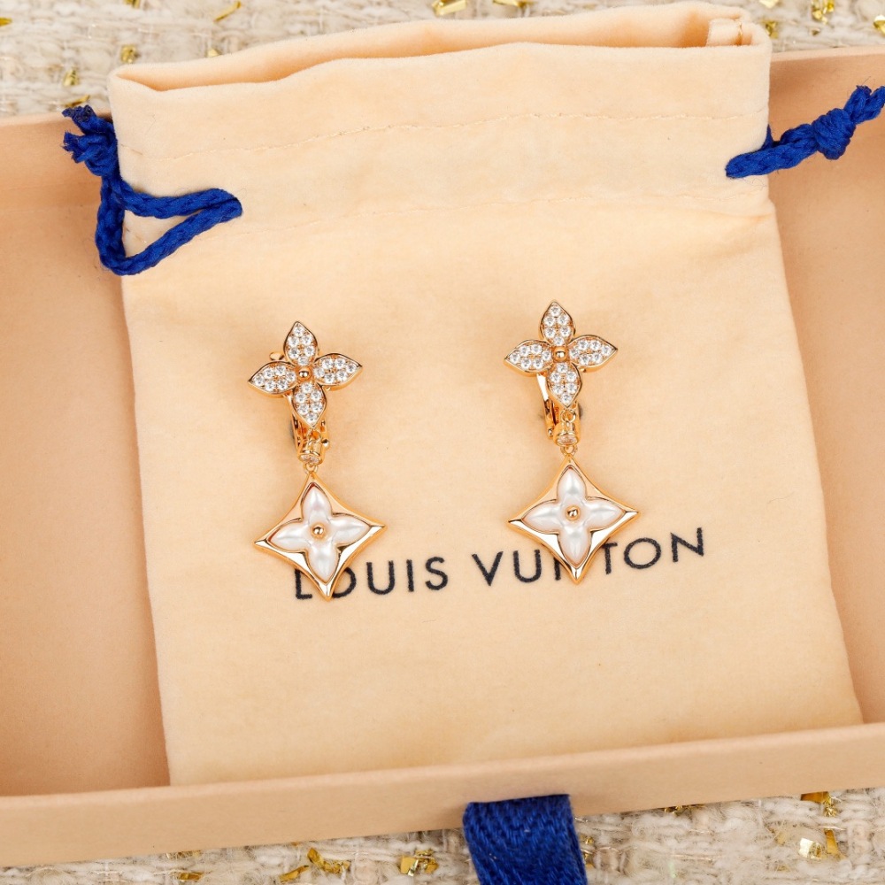 LV ROSE GOLD CRYSTAL FLOWER MOTHER-OF-PEARL CLIP ON DROP EARRINGS