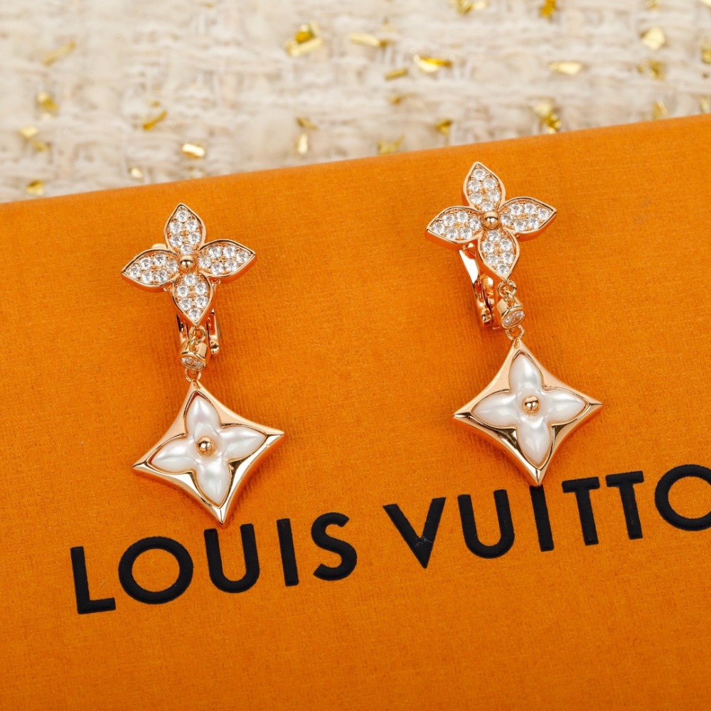 LV ROSE GOLD CRYSTAL FLOWER MOTHER-OF-PEARL CLIP ON DROP EARRINGS