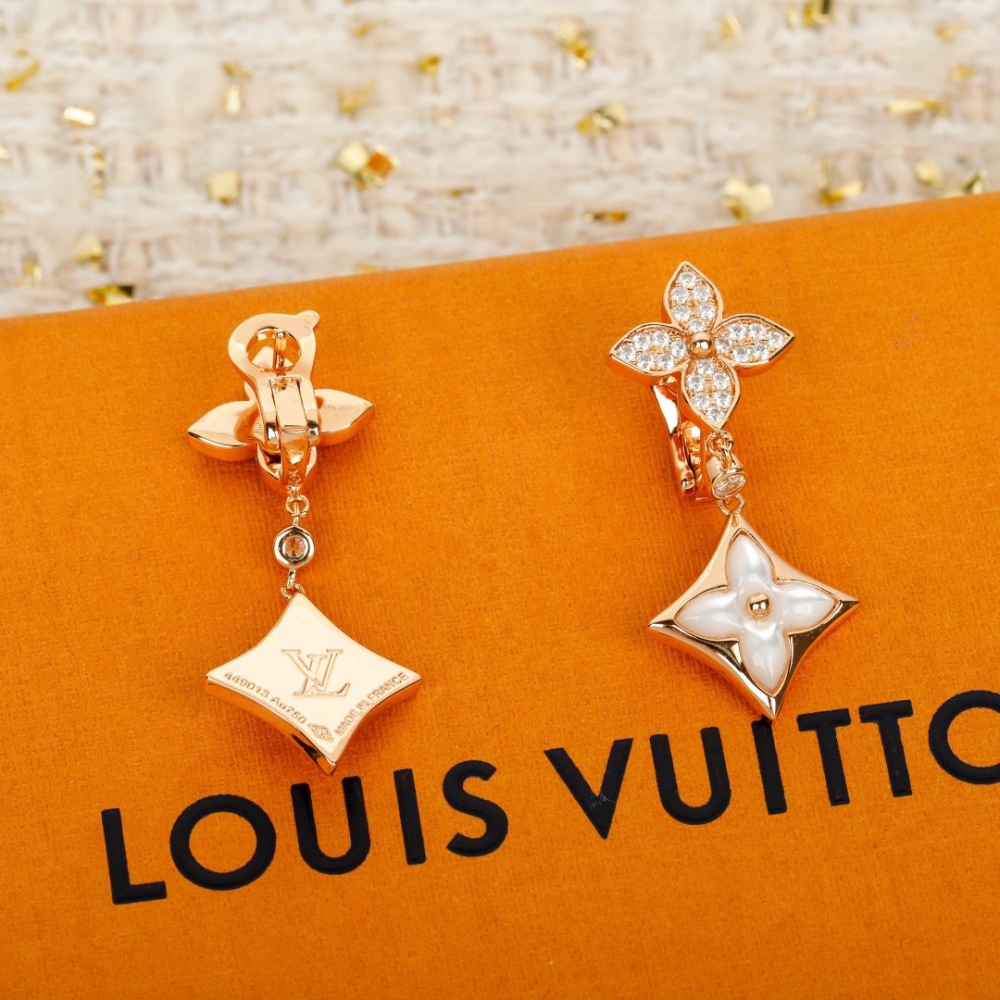 LV ROSE GOLD CRYSTAL FLOWER MOTHER-OF-PEARL CLIP ON DROP EARRINGS