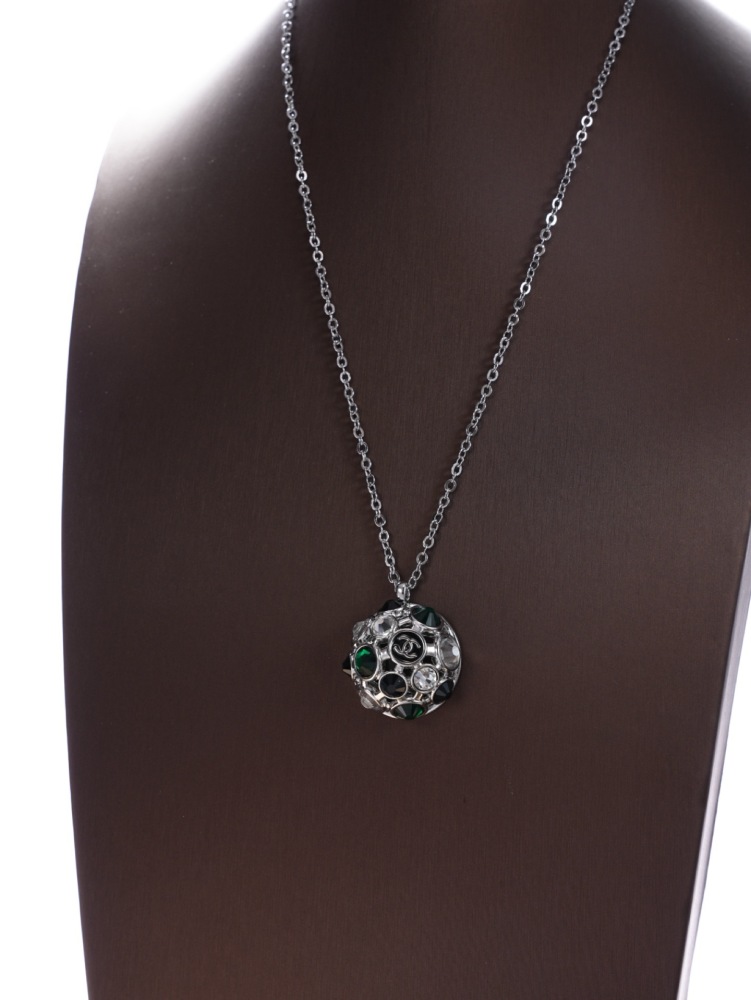 CHANEL SILVER ROUND BALL GREEN CRYSTAL DOUBLE C NECKLACE