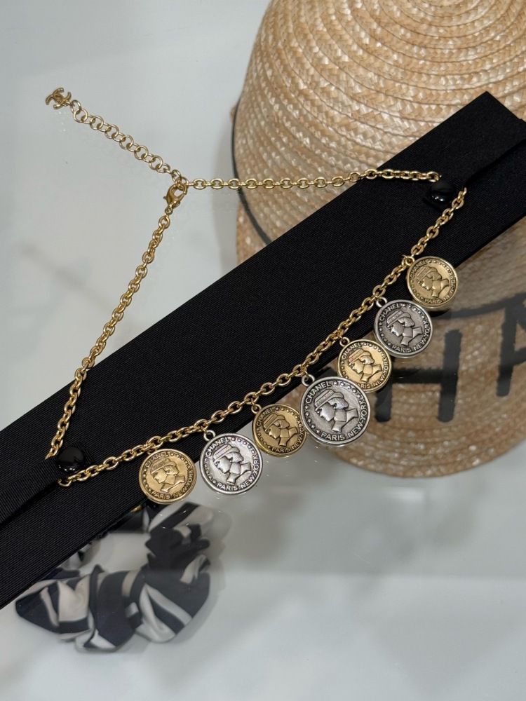 CHANEL TWO-TONE PORTRAIT COIN CHARM NECKLACE