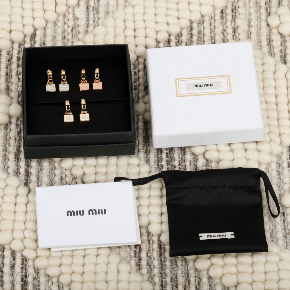 MIU MIU ENAMEL SQUARE LOGO DROP HOOP EARRINGS