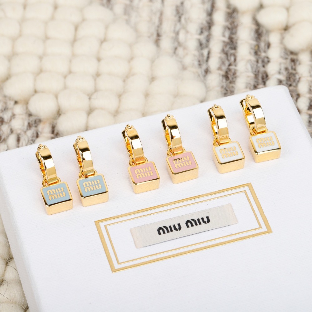 MIU MIU ENAMEL SQUARE LOGO DROP HOOP EARRINGS