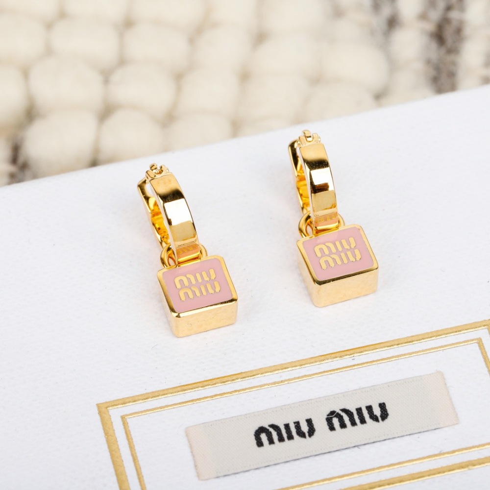 MIU MIU ENAMEL SQUARE LOGO DROP HOOP EARRINGS