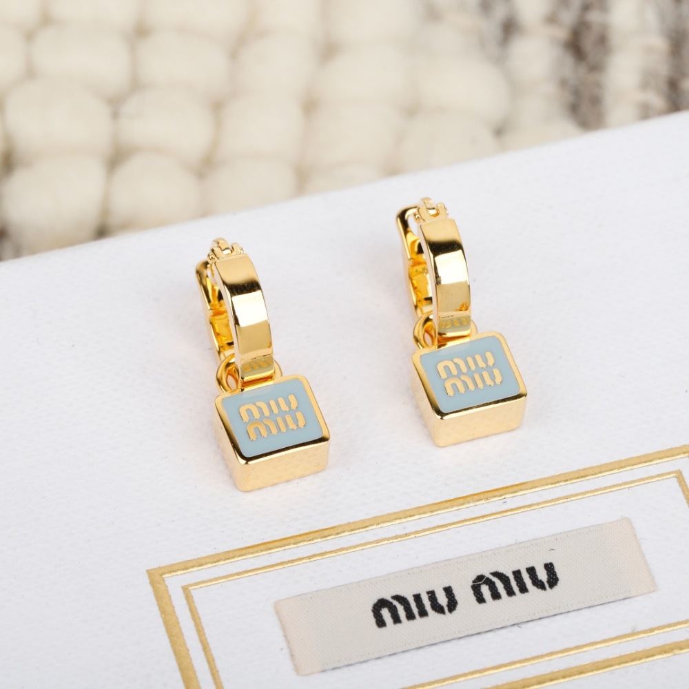 MIU MIU ENAMEL SQUARE LOGO DROP HOOP EARRINGS