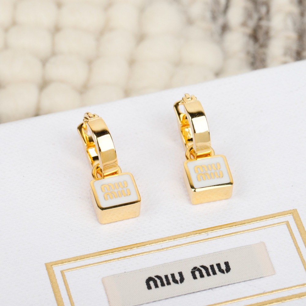 MIU MIU ENAMEL SQUARE LOGO DROP HOOP EARRINGS
