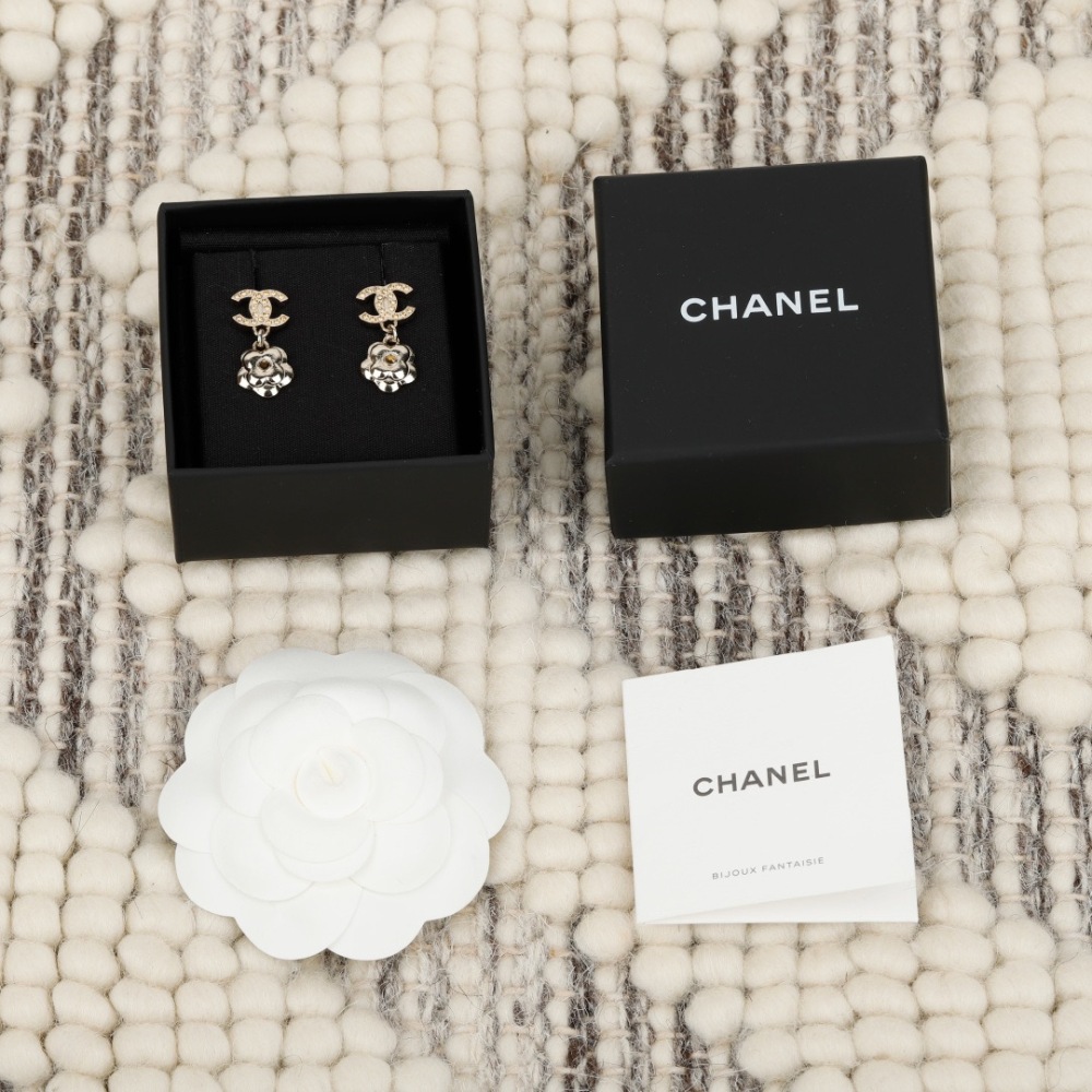 CHANEL CC CRYSTAL CAMELLIA DROP EARRINGS
