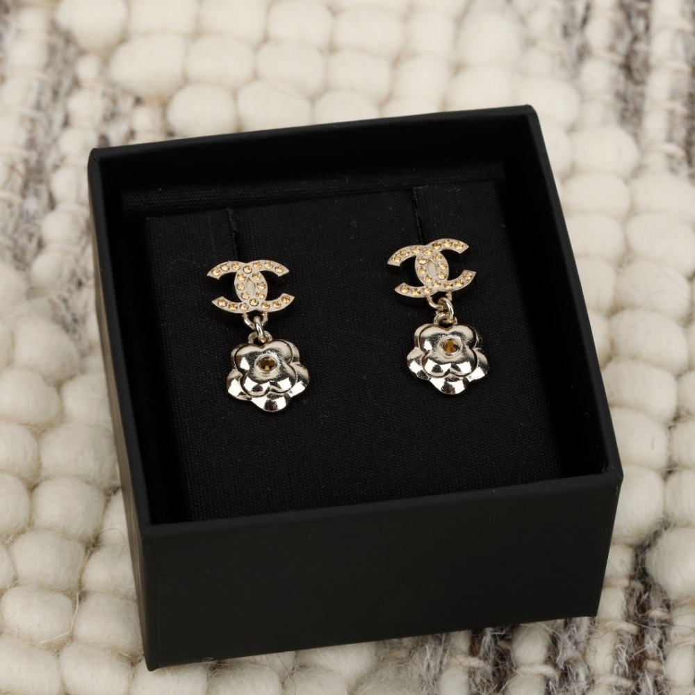 CHANEL CC CRYSTAL CAMELLIA DROP EARRINGS