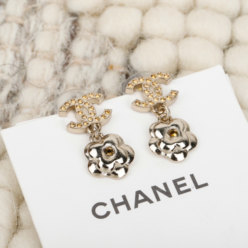 CHANEL CC CRYSTAL CAMELLIA DROP EARRINGS