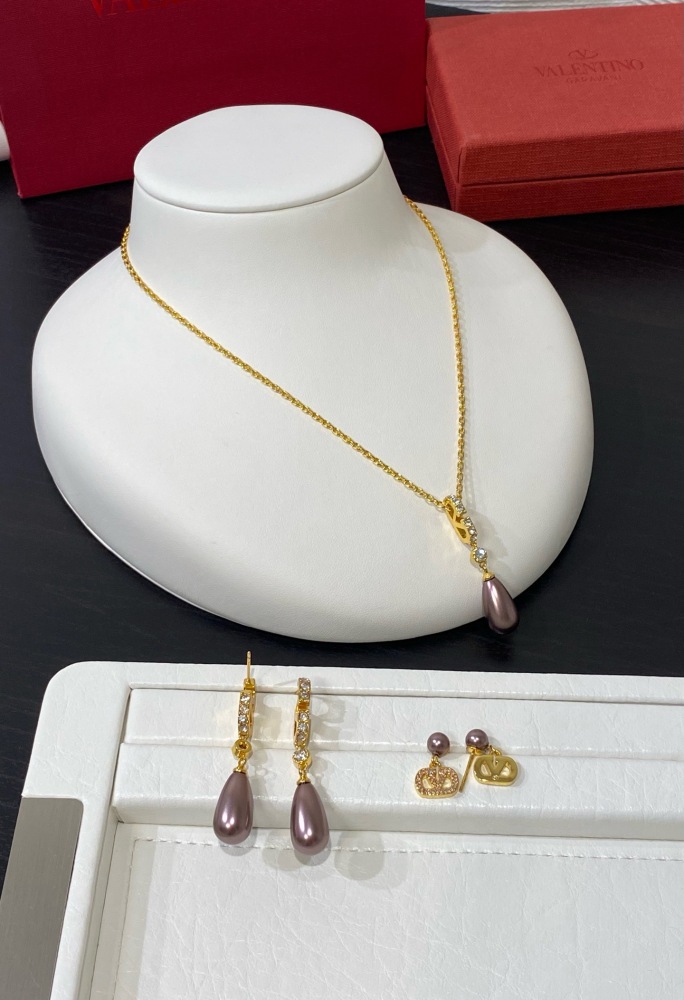 VALENTINO VLOGO SIGNATURE DROP EARRINGS WITH MAUVE FAUX PEARL & PINK CRYSTALS