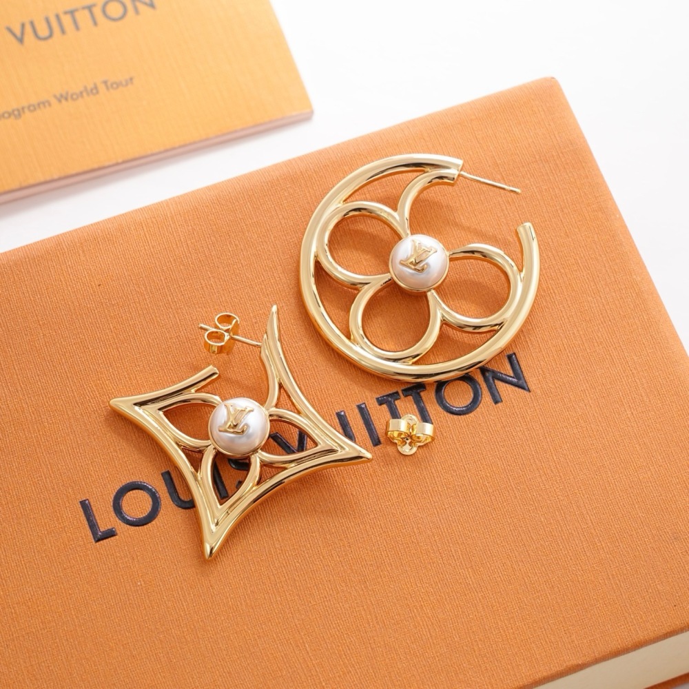 LOUIS VUITTON ASYMMETRIC MONOGRAM PEARL HOOP EARRINGS