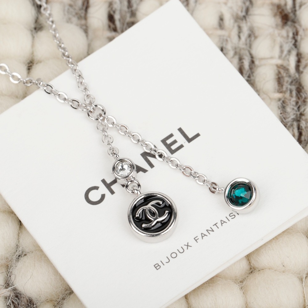 CHANEL INTERLOCKING CC ROUND ENAMEL Y-DROP NECKLACE WITH COLORED CRYSTALS