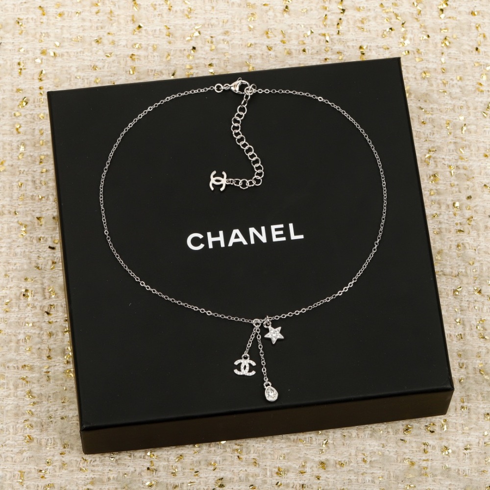 CHANEL STAR & PEAR DROP DOUBLE C PAVED CRYSTAL NECKLACE