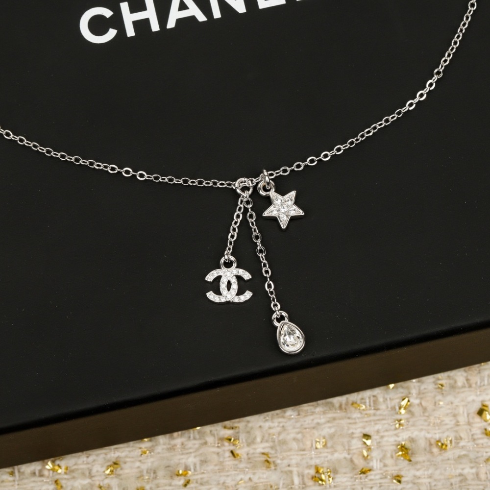 CHANEL STAR & PEAR DROP DOUBLE C PAVED CRYSTAL NECKLACE