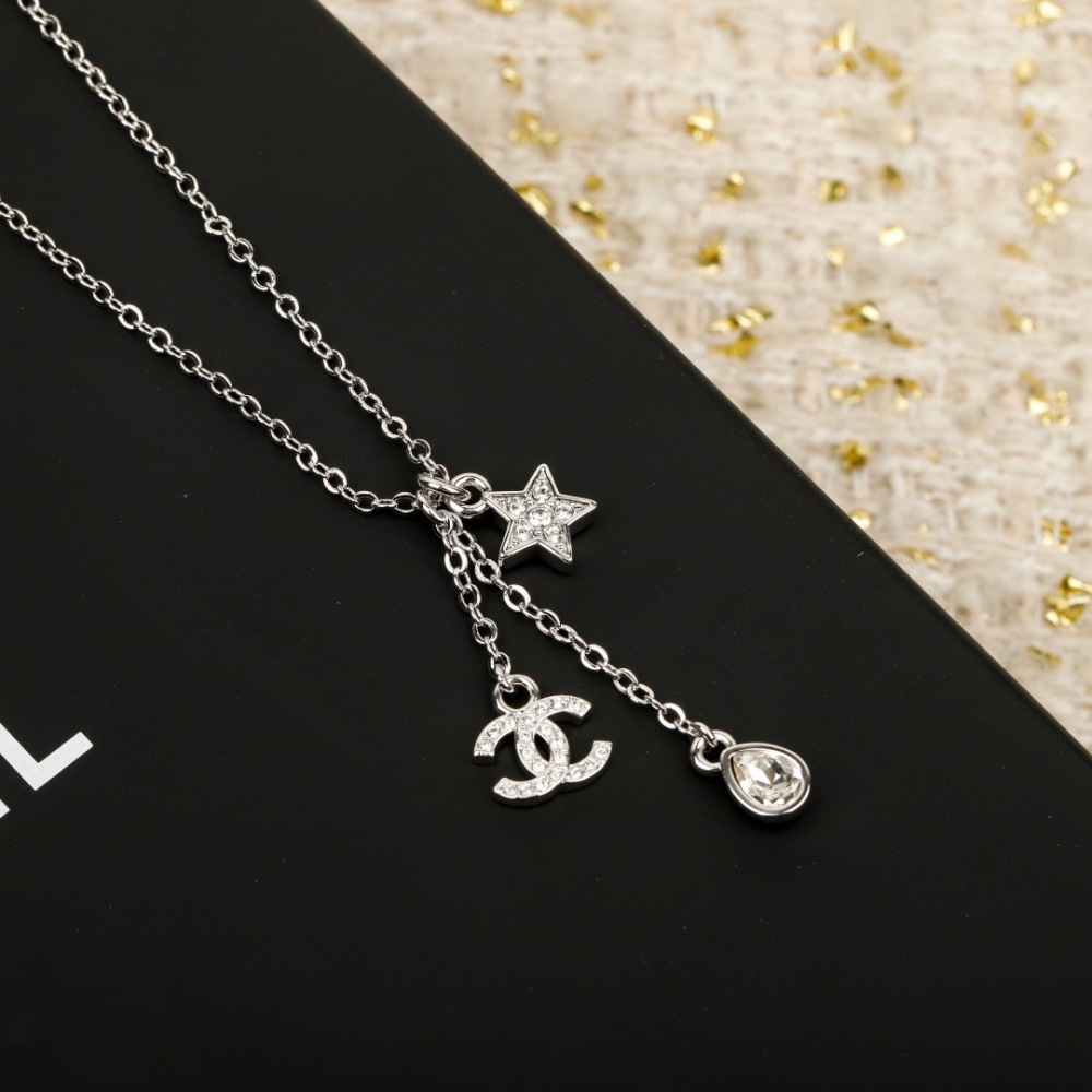 CHANEL STAR & PEAR DROP DOUBLE C PAVED CRYSTAL NECKLACE