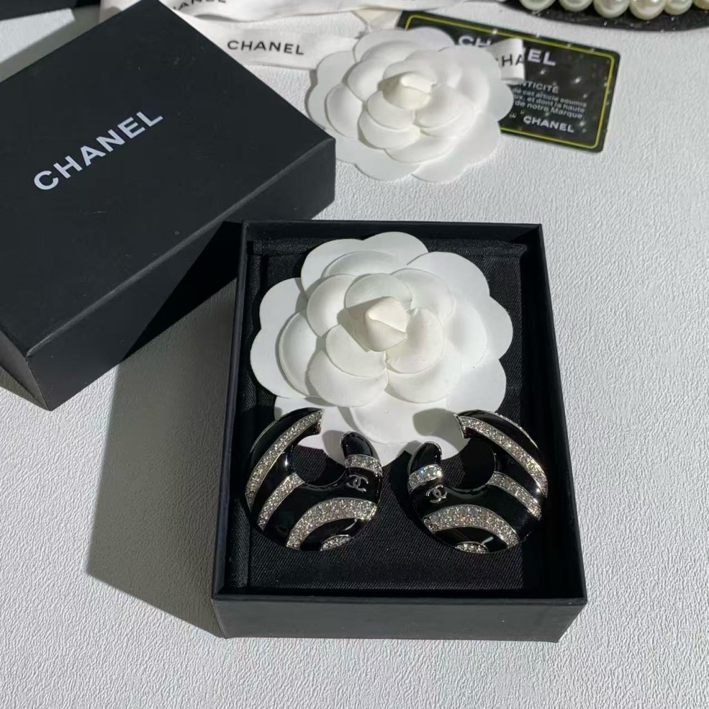 CHANEL BLACK ENAMEL ZEBRA STRIPE CRYSTAL C HOOP EARRINGS