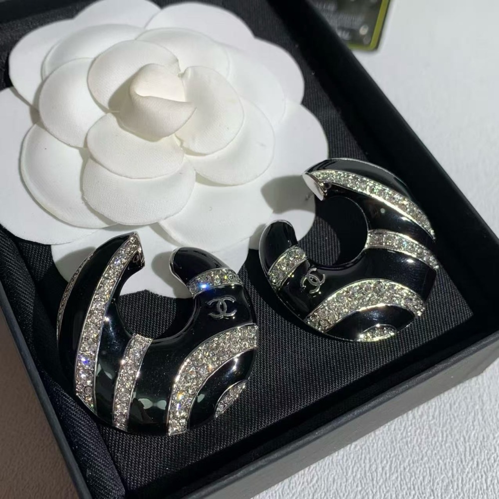 CHANEL BLACK ENAMEL ZEBRA STRIPE CRYSTAL C HOOP EARRINGS