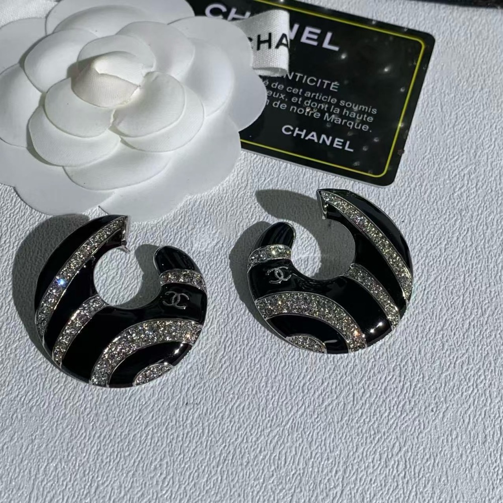 CHANEL BLACK ENAMEL ZEBRA STRIPE CRYSTAL C HOOP EARRINGS