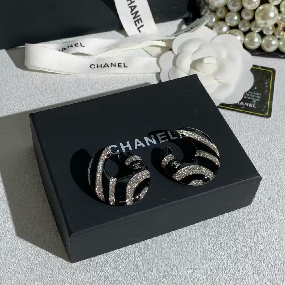 CHANEL BLACK ENAMEL ZEBRA STRIPE CRYSTAL C HOOP EARRINGS