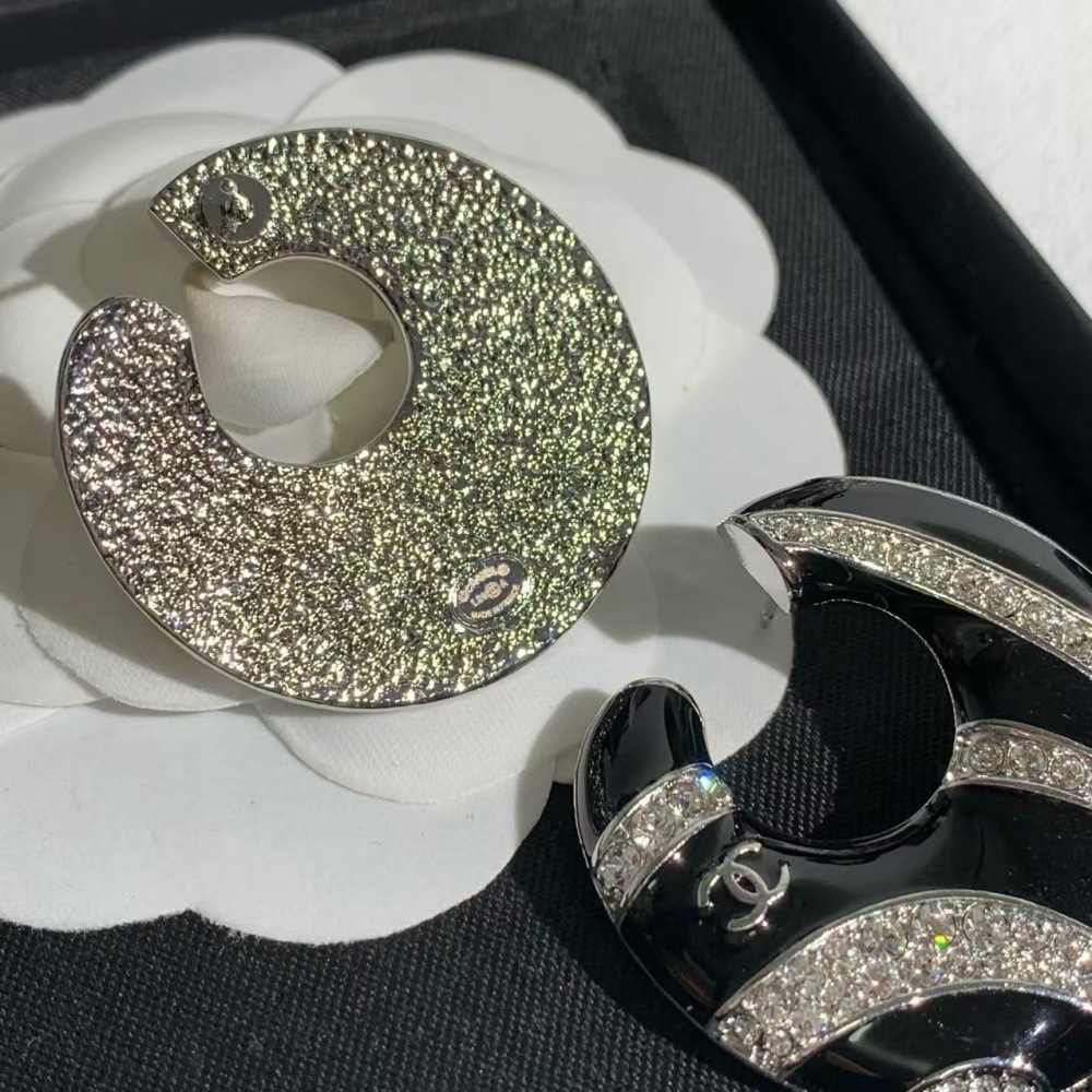 CHANEL BLACK ENAMEL ZEBRA STRIPE CRYSTAL C HOOP EARRINGS