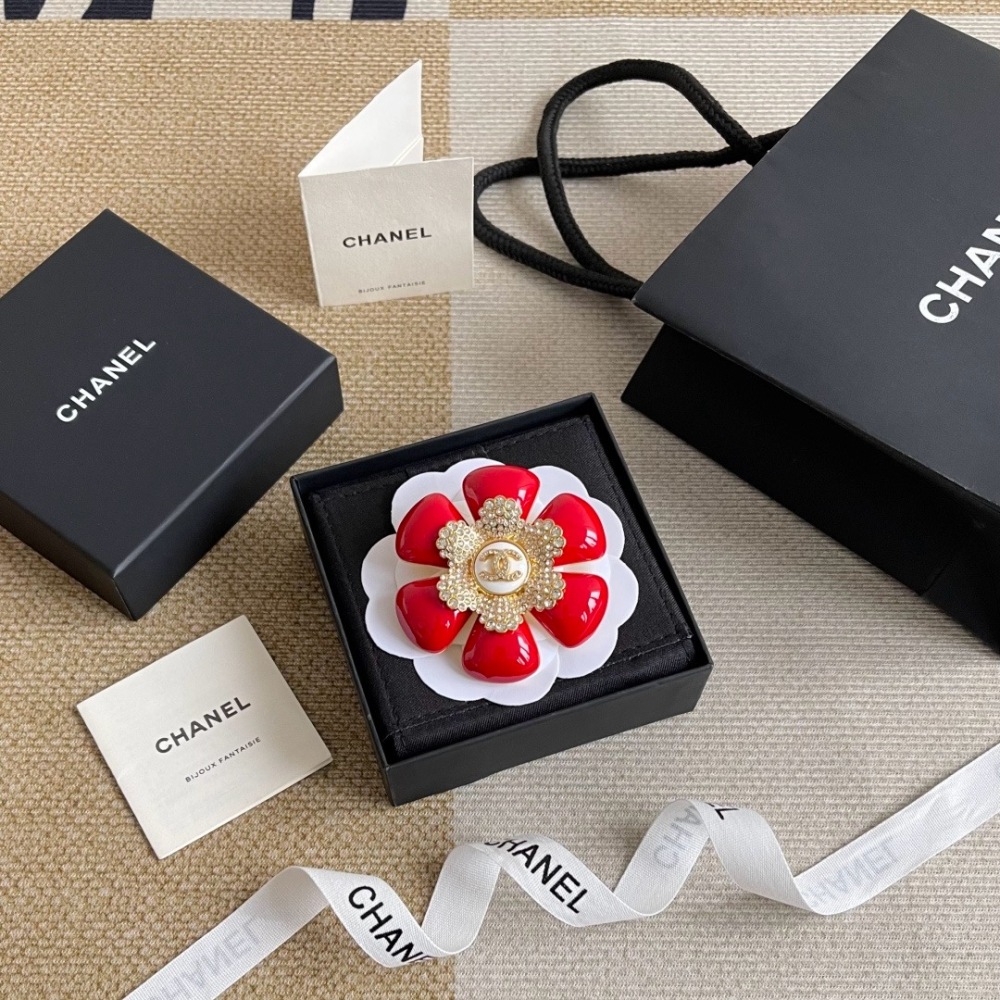 CHANEL RED ENAMEL CAMELLIA GOLD RHINESTONE DOUBLE C BROOCH