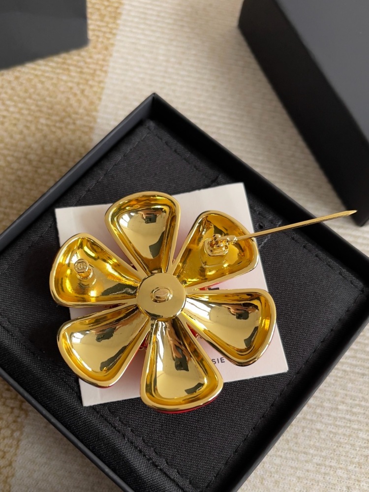CHANEL RED ENAMEL CAMELLIA GOLD RHINESTONE DOUBLE C BROOCH