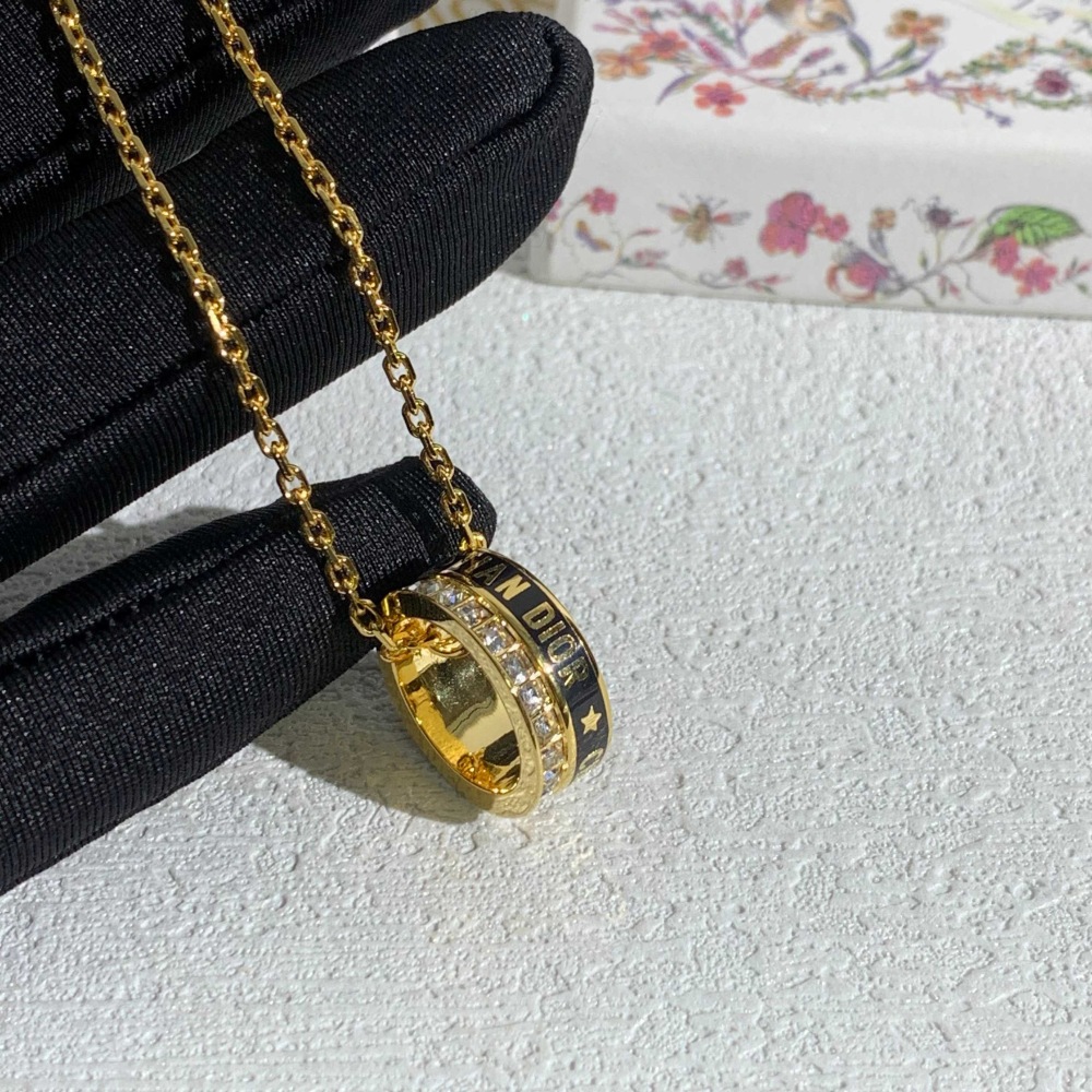 DIOR GOLD BLACK ENAMEL CRYSTAL RING CHARM NECKLACE