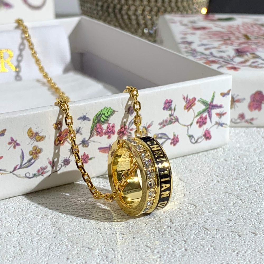DIOR GOLD BLACK ENAMEL CRYSTAL RING CHARM NECKLACE