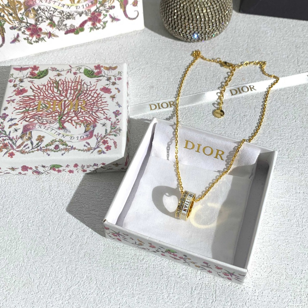 DIOR GOLD BLACK ENAMEL CRYSTAL RING CHARM NECKLACE