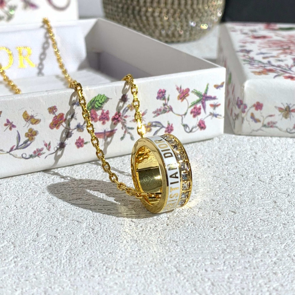 DIOR GOLD BLACK ENAMEL CRYSTAL RING CHARM NECKLACE