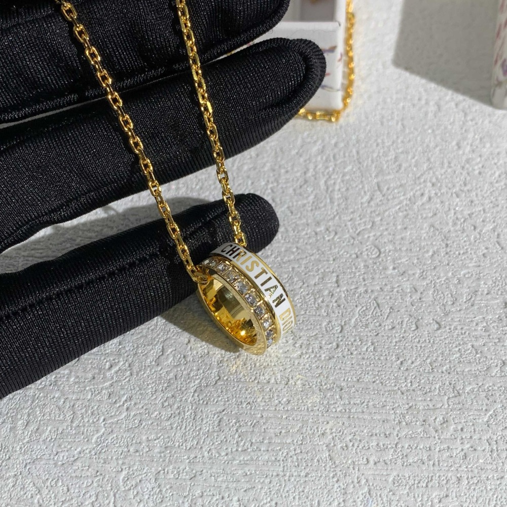 DIOR GOLD BLACK ENAMEL CRYSTAL RING CHARM NECKLACE