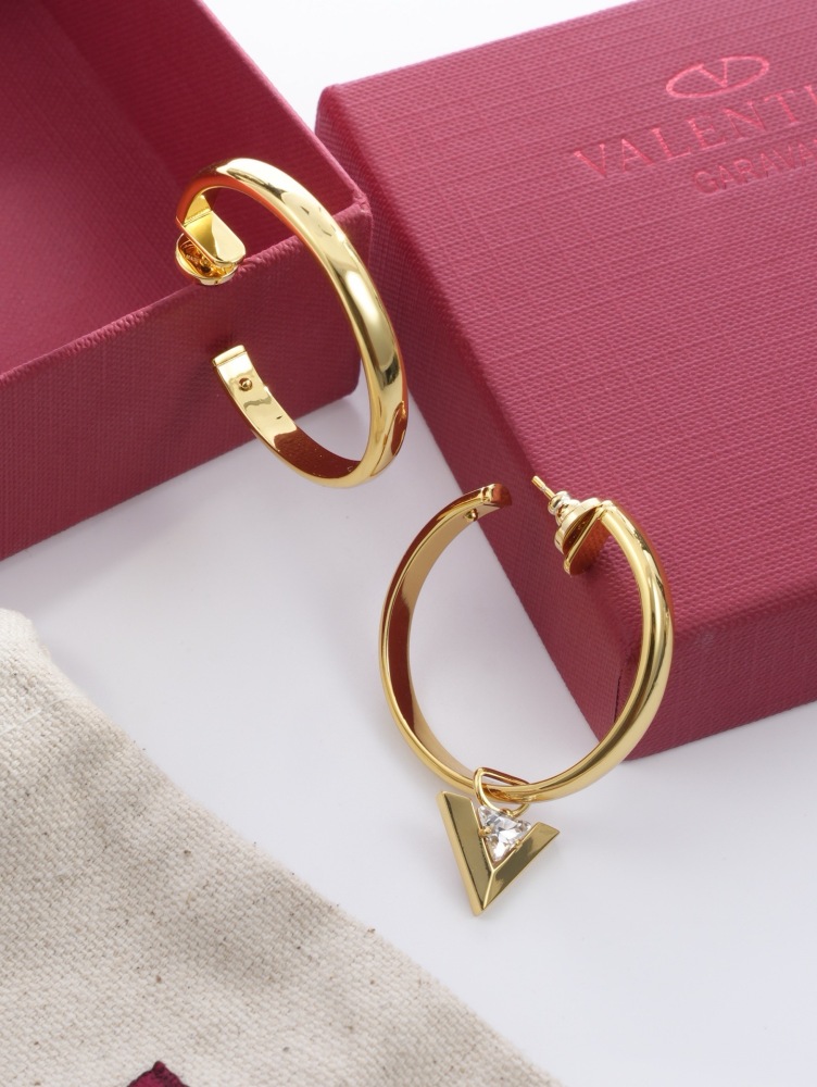 VALENTINO GARAVANI V LOGO CRYSTAL GOLD OPEN HOOP EARRINGS