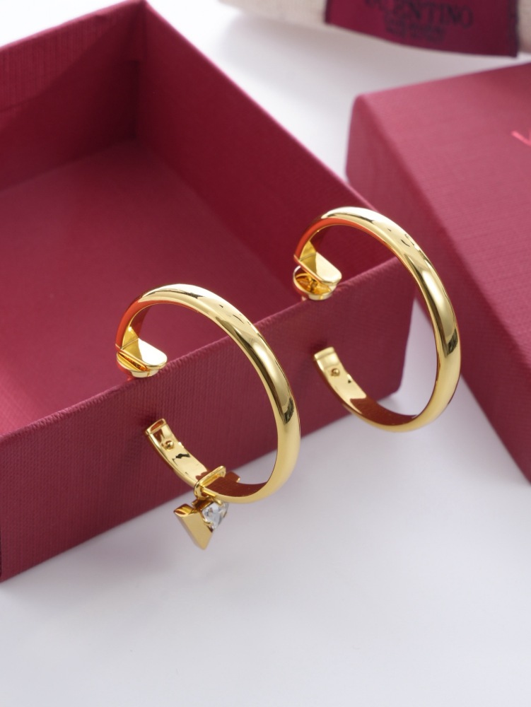 VALENTINO GARAVANI V LOGO CRYSTAL GOLD OPEN HOOP EARRINGS