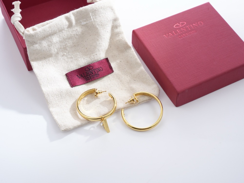 VALENTINO GARAVANI V LOGO CRYSTAL GOLD OPEN HOOP EARRINGS