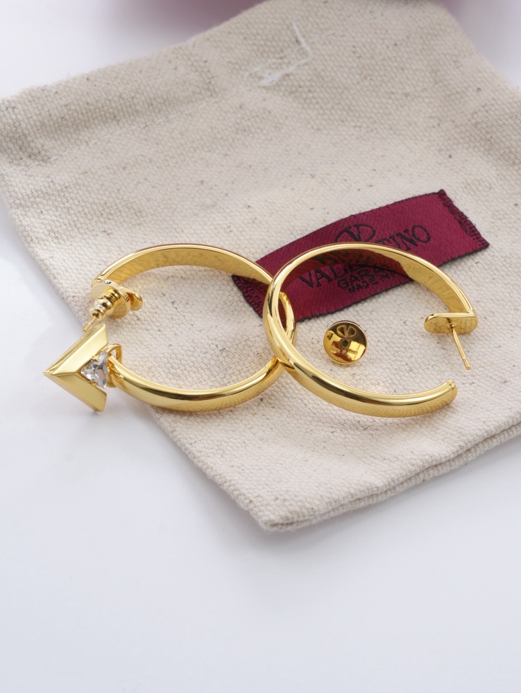 VALENTINO GARAVANI V LOGO CRYSTAL GOLD OPEN HOOP EARRINGS