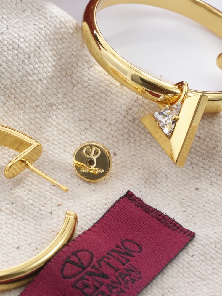 VALENTINO GARAVANI V LOGO CRYSTAL GOLD OPEN HOOP EARRINGS