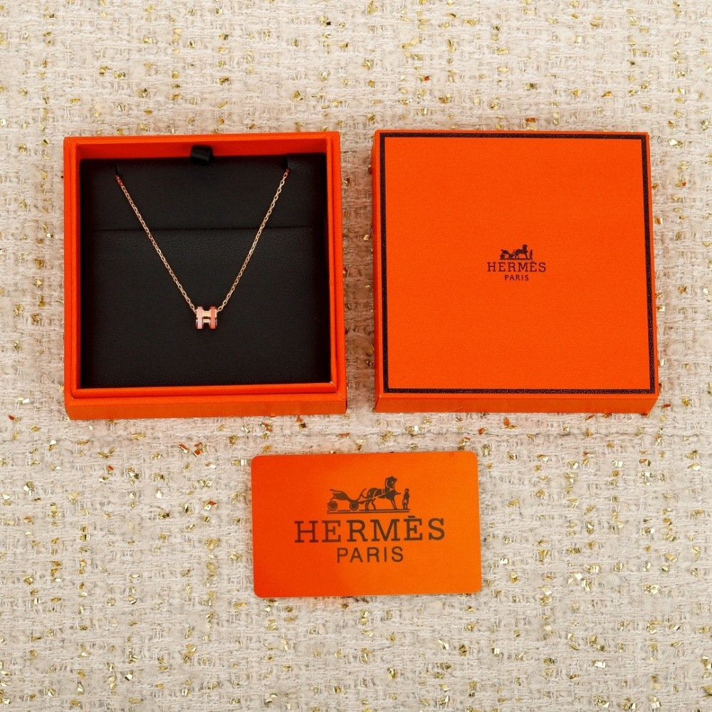 HERMES INSPIRED PINK H ENAMEL ROSE GOLD MINI NECKLACE