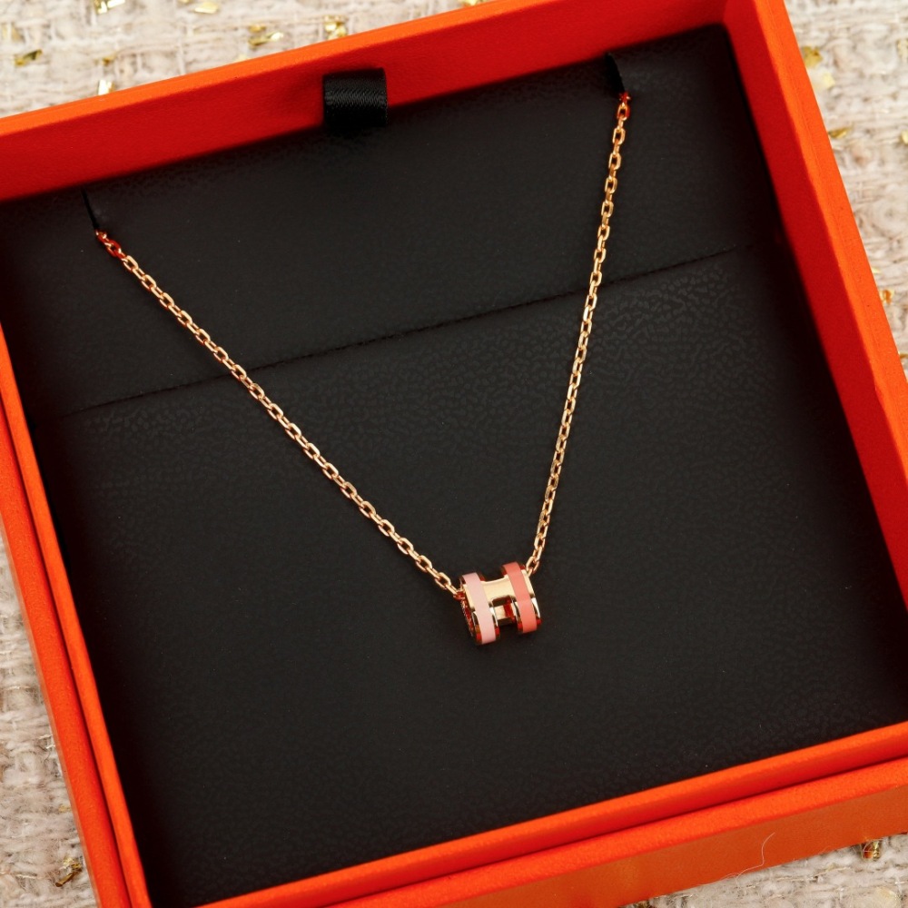 HERMES INSPIRED PINK H ENAMEL ROSE GOLD MINI NECKLACE