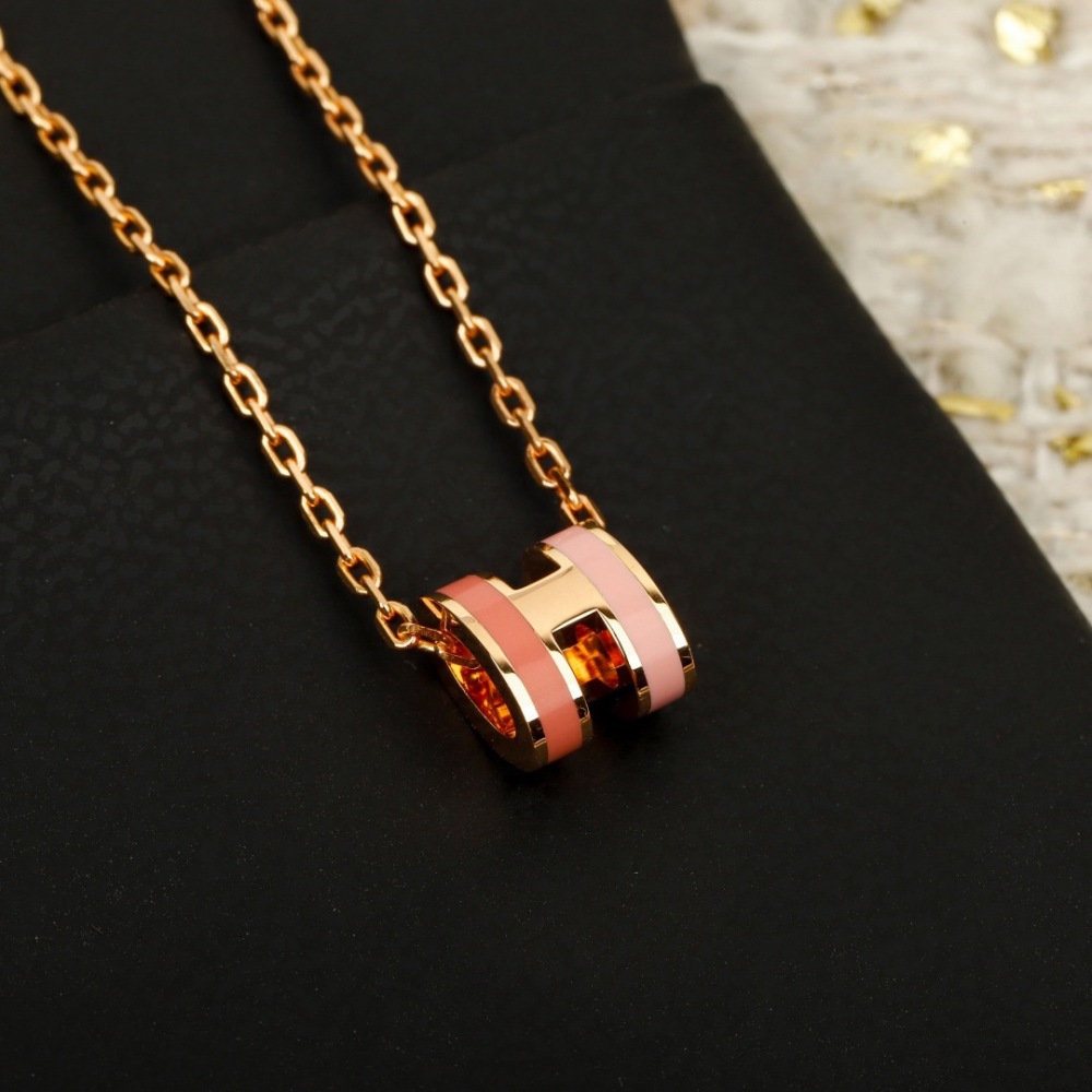 HERMES INSPIRED PINK H ENAMEL ROSE GOLD MINI NECKLACE