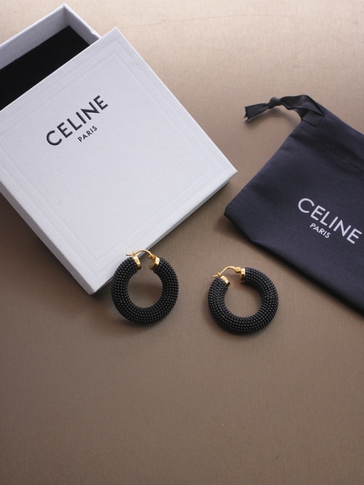 CELINE BLACK BEADED HOOP EARRINGS, GOLD‑TONE