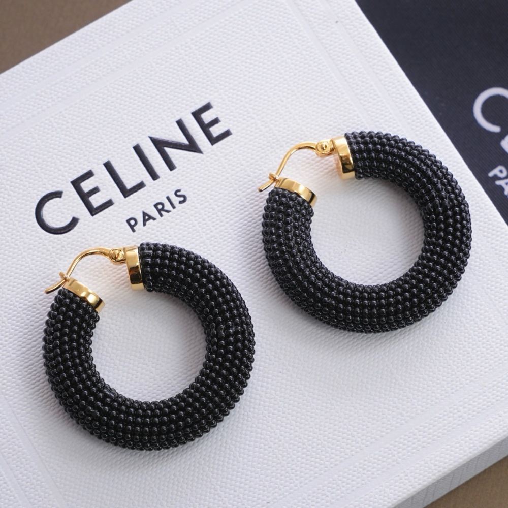 CELINE BLACK BEADED HOOP EARRINGS, GOLD‑TONE
