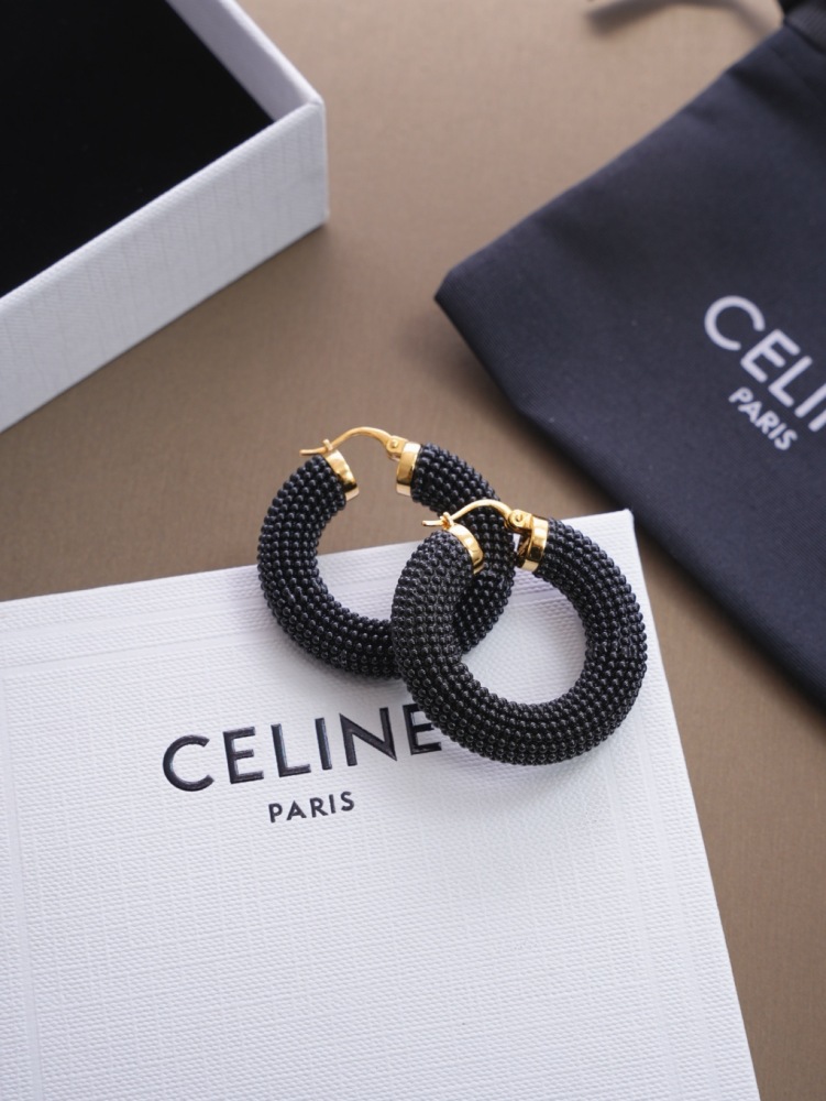 CELINE BLACK BEADED HOOP EARRINGS, GOLD‑TONE